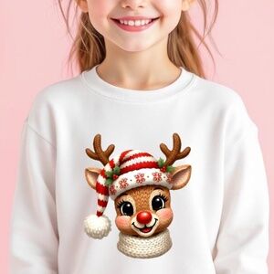 Christmas Faux-Knit Reindeer T-shirt long sleeve White 2T - XL Custom made Girl